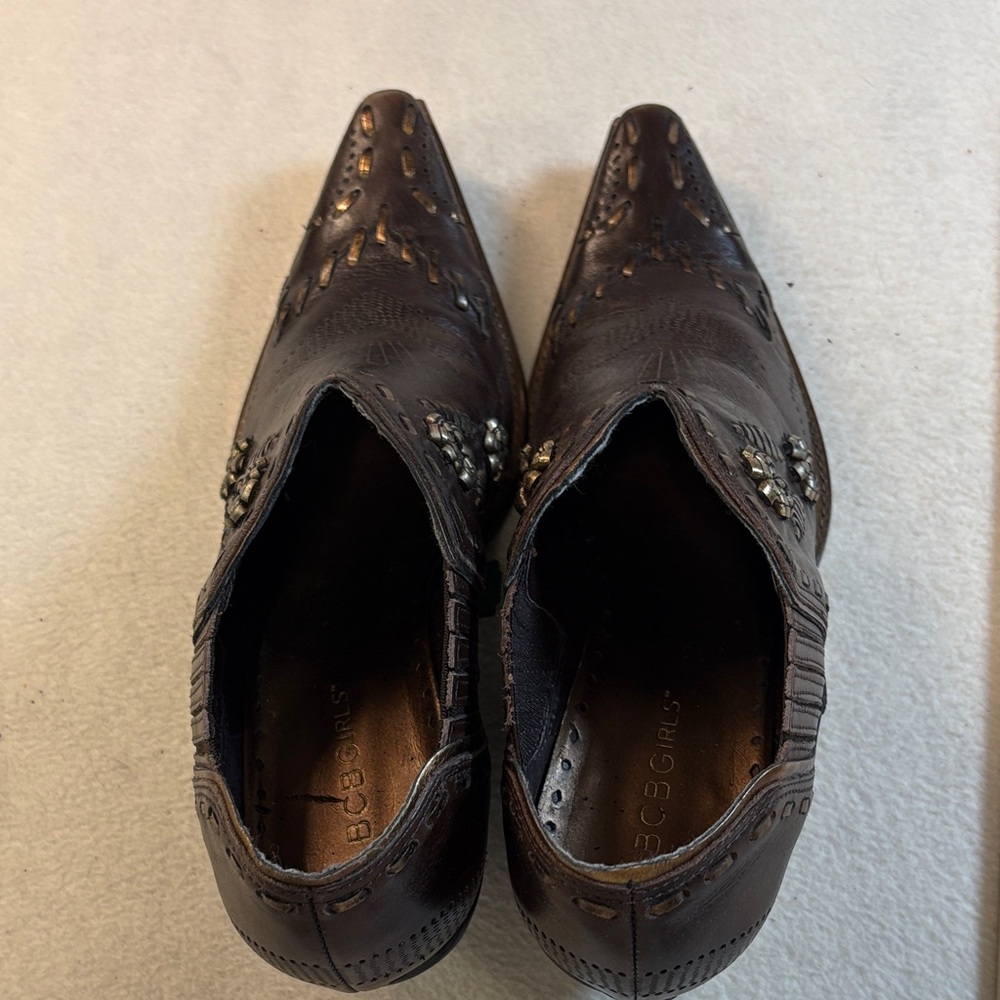 BCBGirls Dark Brown Stud-Embellished Pointed Leather Booties - Picture 7 of 10